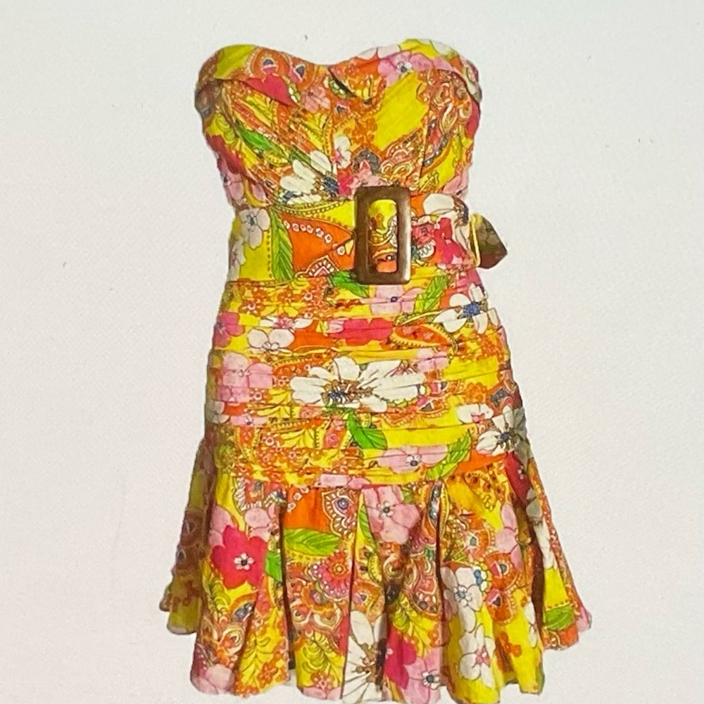 HEMANT & NANDITA Yellow Pink Floral Strapless Midi Dress